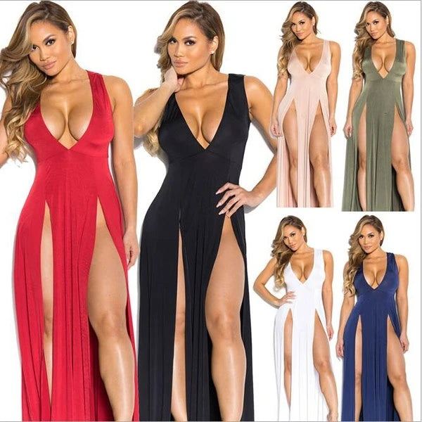 Summer New Women Sexy High Split Dresses, Sleeveless Deep V-Neck High Slit Long Party Bodycon Red Dresses.