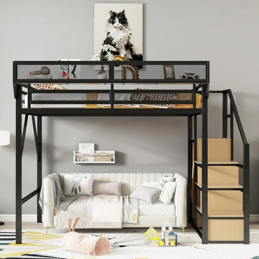 Queen Loft Bed with Staircase, Storage Shelves & Wardrobe, Metal Frame, Easy Assembly, Black