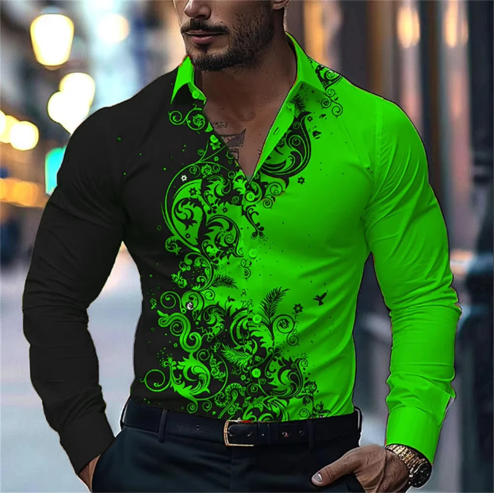 Men Stylish Red Floral Print Dress Shirt - Casual Long Sleeve Button-Up Design.