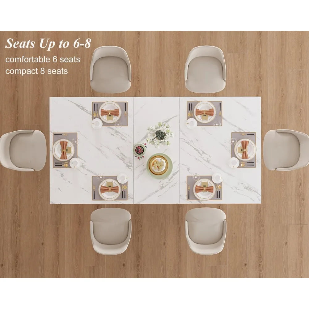 White Faux Marble Dining Table, 63 inch Modern Dinner Table for 6 People.