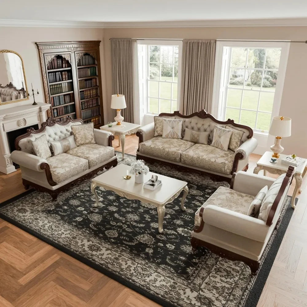 3-Piece Traditional Style Sofa Set, Fabric Upholstery with Button Tufted Back and Nail head Trim.