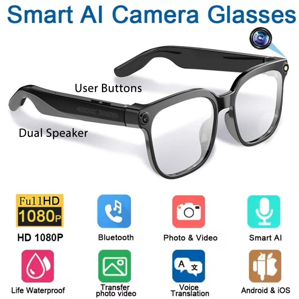 4K AI Smart Bluetooth Glasses, Chat GPT 800W pixel Shooting, Waterproof ,Camera, Photo, Video ,Voice Call Translation Smart Glasses.
