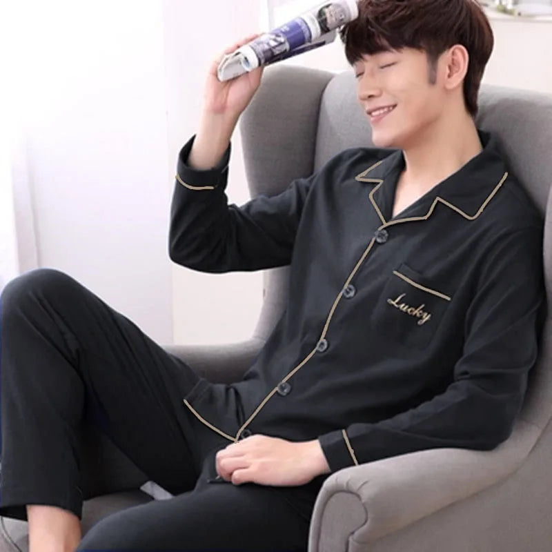 Pajamas Men's Long-Sleeved Spring and Autumn Men's Two-Piece Suit