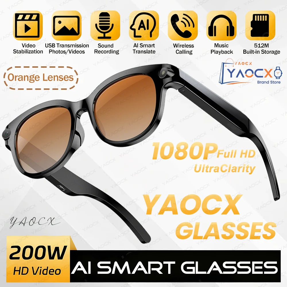 New 200W HD Camera Smart Glasses, AI Assistant Photo Recognition, Video Recording, 290mAh 512M Storage Smart Sunglasses.