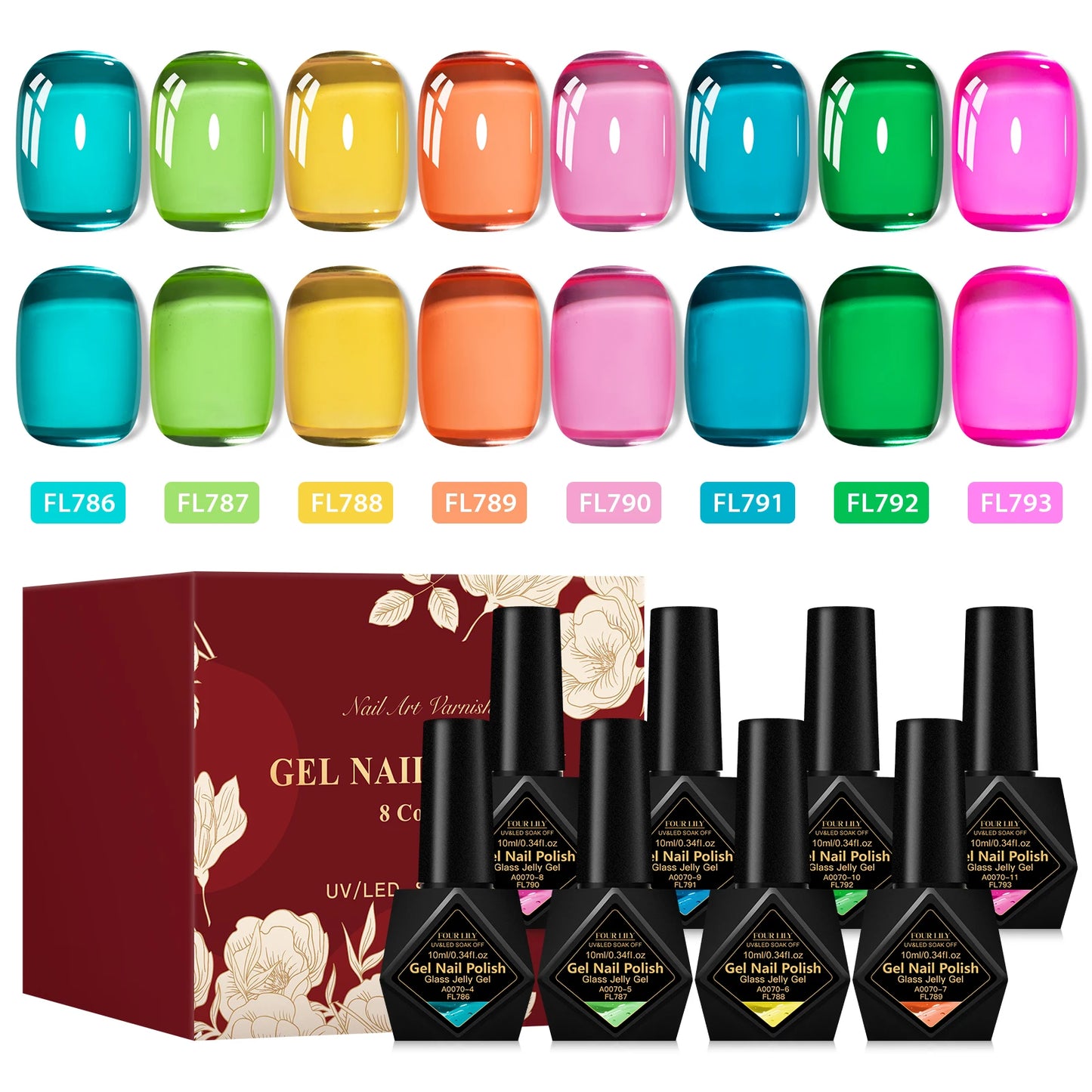 8pcs 10ml Jelly Glass Gel Nail Polish Set, Semi-transparent Red ,Purple Gel Polish Varnish, Nail Art Semi Permanent UV Gel Varnish.