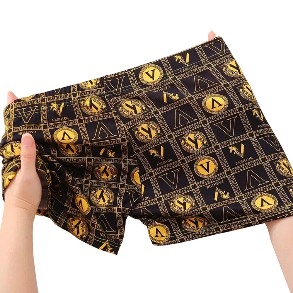 4pcs Luxury Men's Boxer, Golden Greek Letter Print, High Stretch Fabric Waistband.