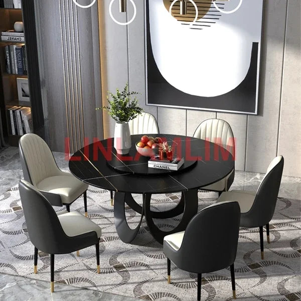 Dining Room furniture, sintered stone Table, Featuring Leather Chairs and Stainless Steel Design.