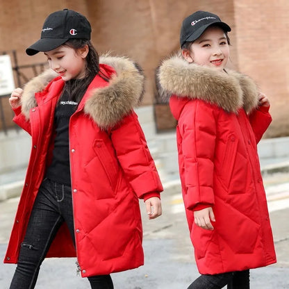 Warm Jackets for Girls Two Colors, Faux Fur Hooded Coat , White Duck Down Parkas