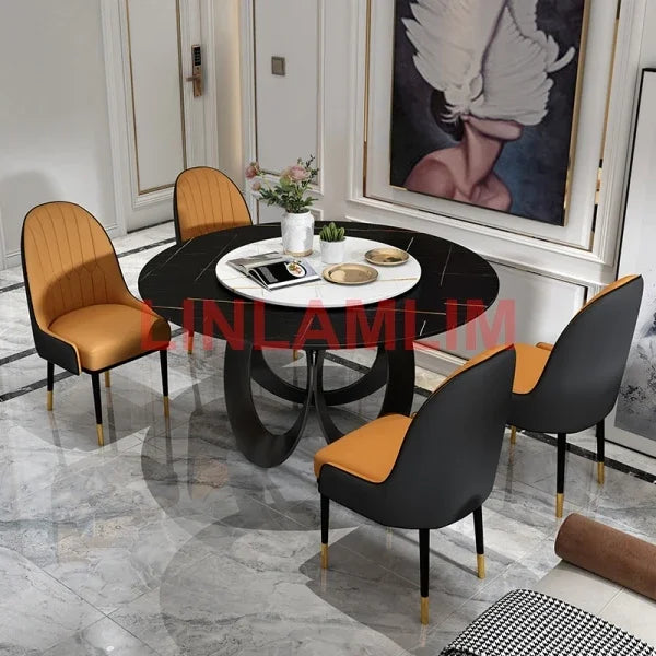 Dining Room furniture, sintered stone Table, Featuring Leather Chairs and Stainless Steel Design.