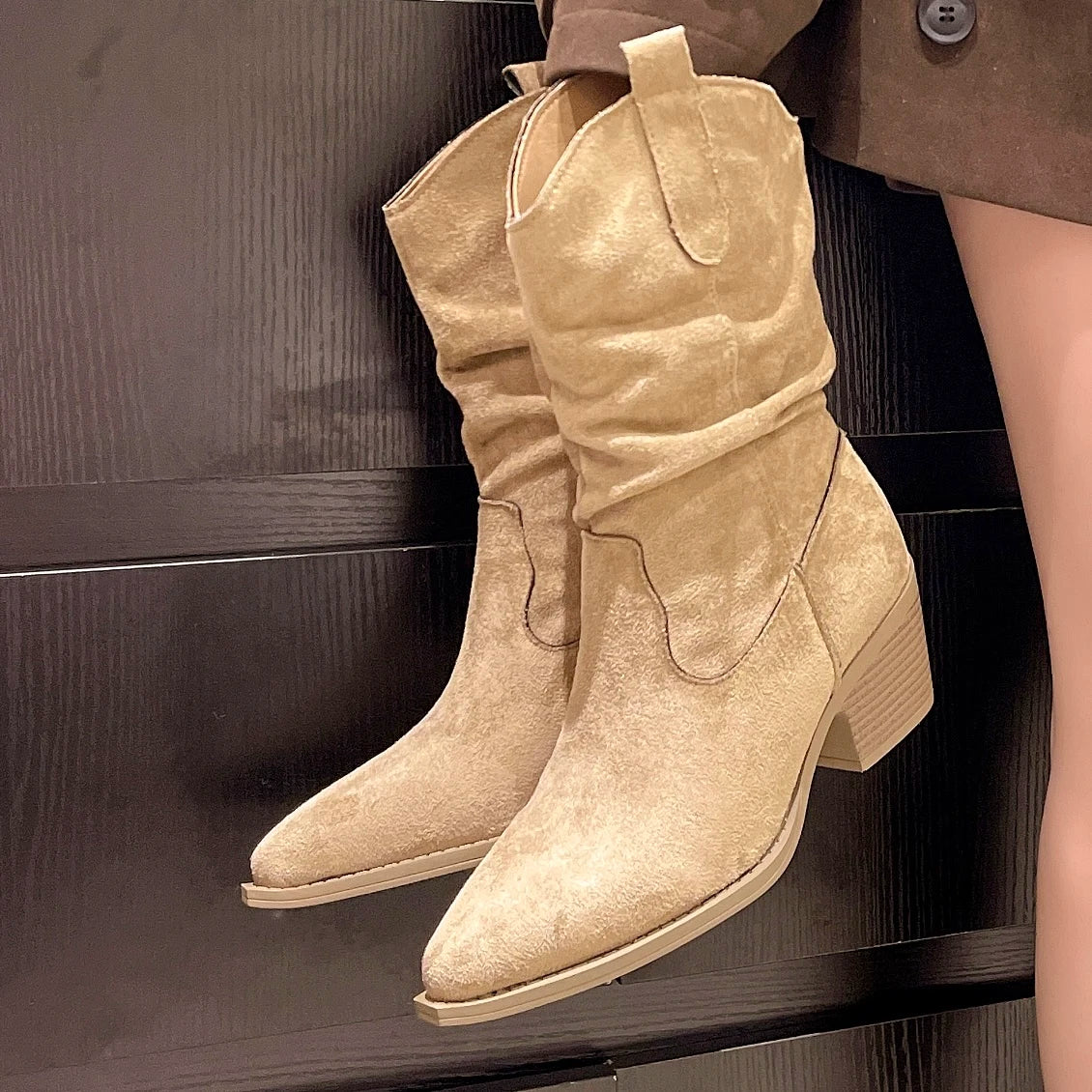 Women Autumn & Winter Flocked Mid Calf Boots, Non Slip Western Boots.