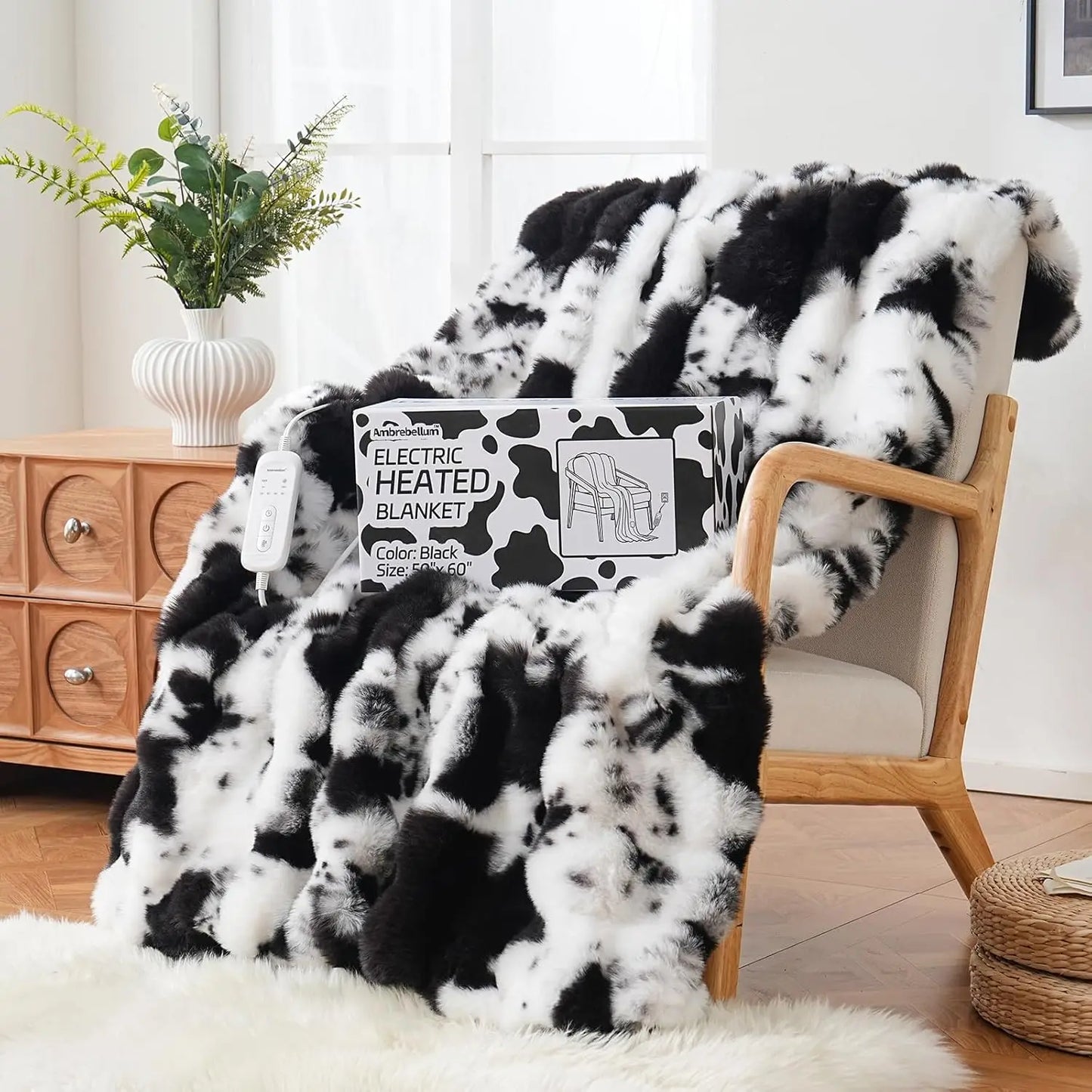 Electric Heated Cow Print Blanket, 8 Heat Settings, Overheat Protection, Machine Washable, 50x60 Inches.electric