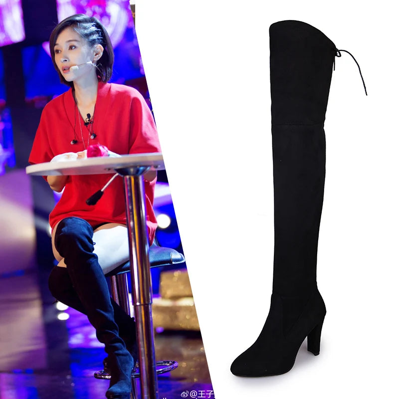 Women Over The Knee Boots, High Heel Slip on Pointed Toe Long Boots.