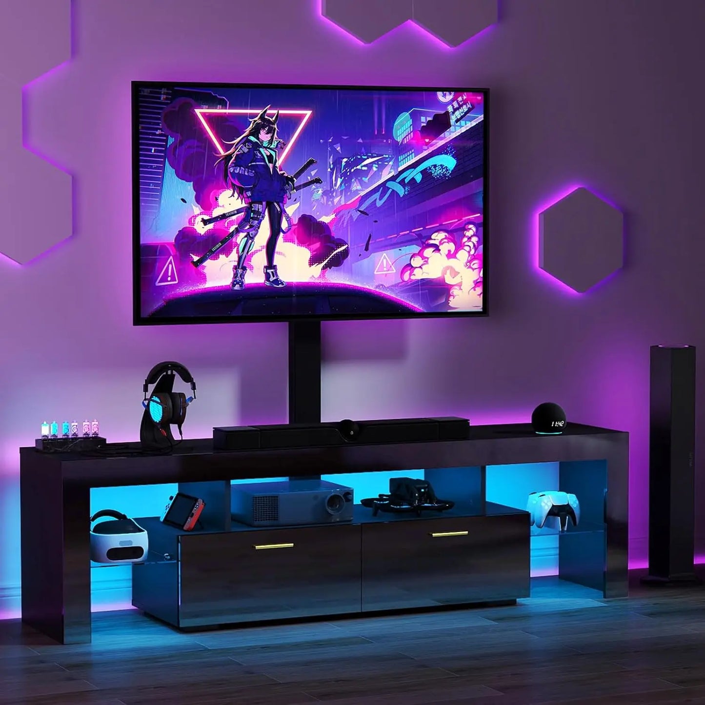 TV-Stand with Mount 75 inch - LED TV Stand with Power Outlet & Drawers.