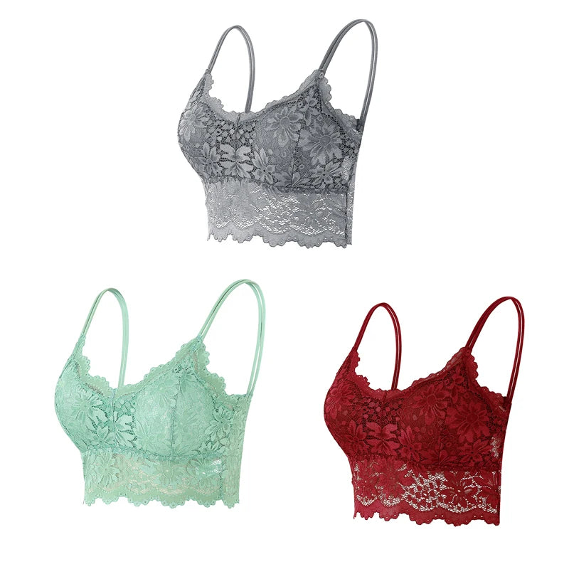 3PCS Women's Lace Top Comfortable Bralette, Solid Color Underwear Vest.