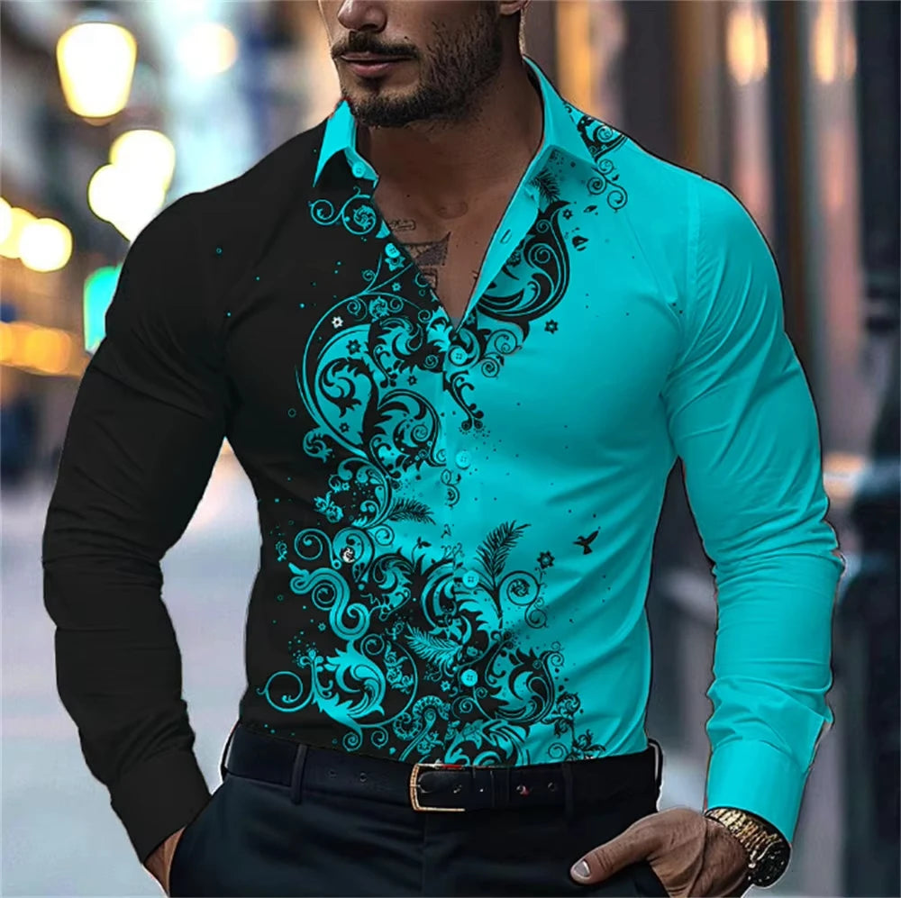 Men Stylish Red Floral Print Dress Shirt - Casual Long Sleeve Button-Up Design.
