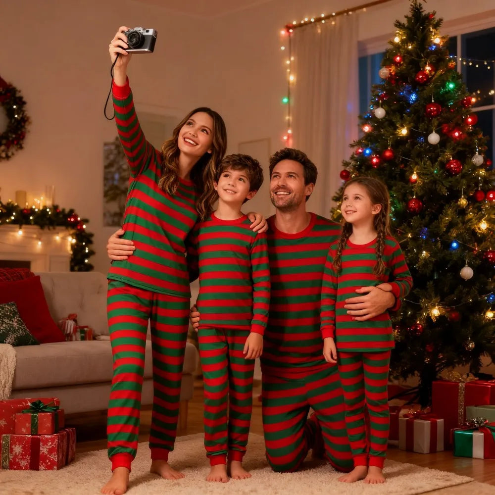 New Striped Family Matching Christmas Pajamas, Mother, Kids, Dad