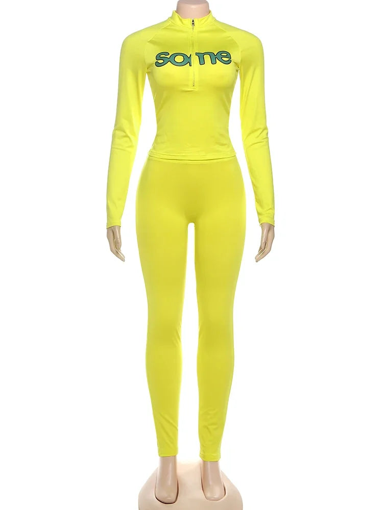 Casual Sporty Women 2 Piece Set, Fashion Basic Letter Print, Zip-up Full Sleeve Tops+ Pants Female Tracksuits.