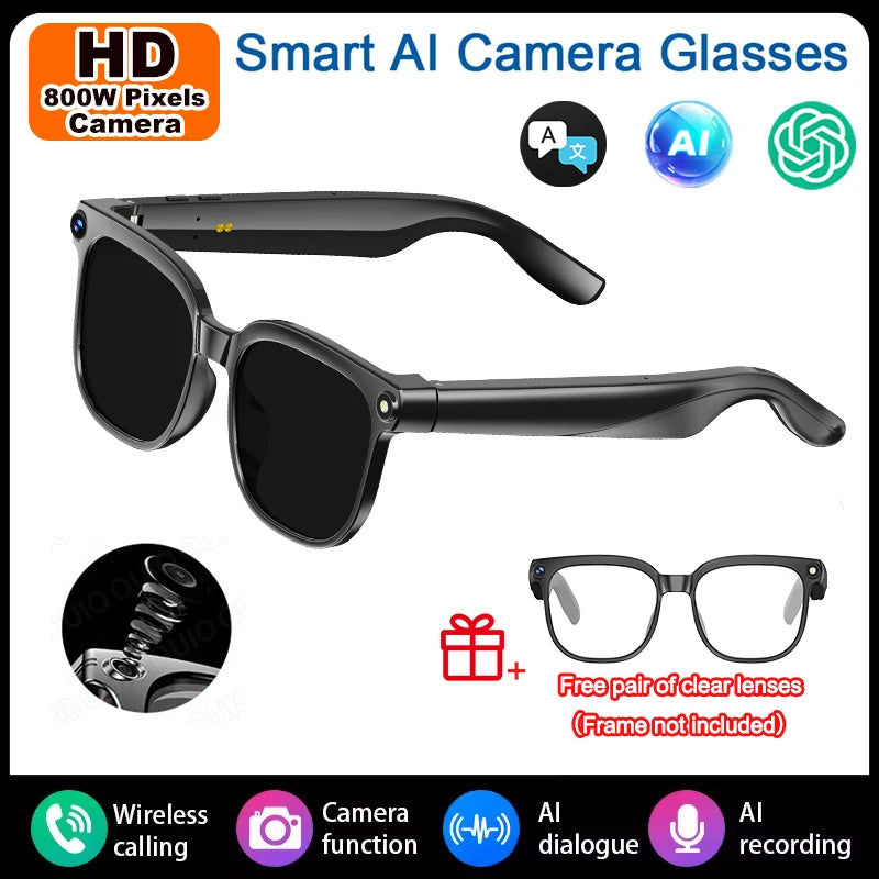4K AI Smart Camera Sunglasses, 800W Pixel Chat GPT Translation Voice Control WiFi Bluetooth HD1080P.