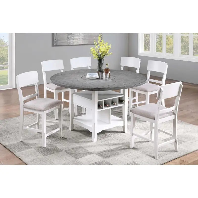 Classic 7-Piece Counter Height Dining Set, with Antique White and Gray Table, Lazy Susan, Built-in Leaf, and 6 High Chairs.