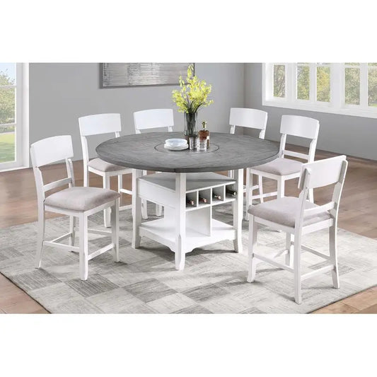 Classic 7-Piece Counter Height Dining Set, with Antique White and Gray Table, Lazy Susan, Built-in Leaf, and 6 High Chairs.