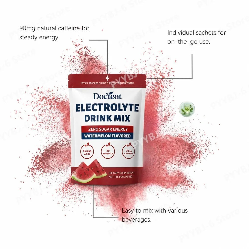 Electrolyte Drink Mix, Watermelon Flavored Zero Sugar Powder, 15 Servings, 90mg Caffeine with L-Citrulline and Taurine.