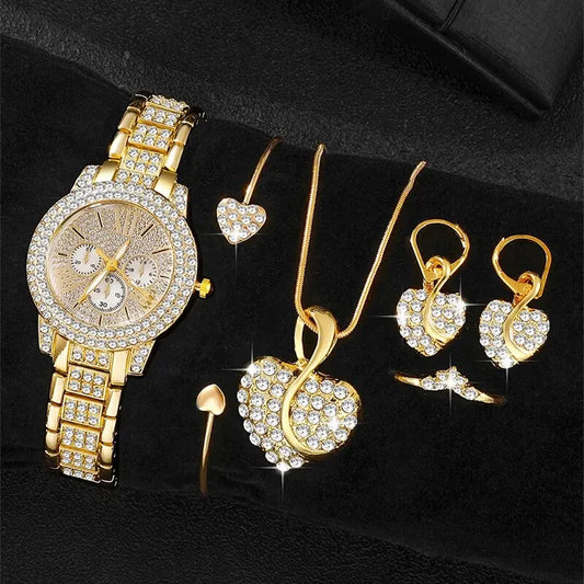 Women's Quartz Watch Gold  Women Ring Necklace Earring  Jewelry Set.