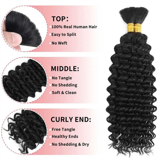 2 Bundles Human Braiding Hair for Boho Braids, 14Inch 100G 10A Brazilian Virgin Deep Wave Bulk Human Hair for Braiding.