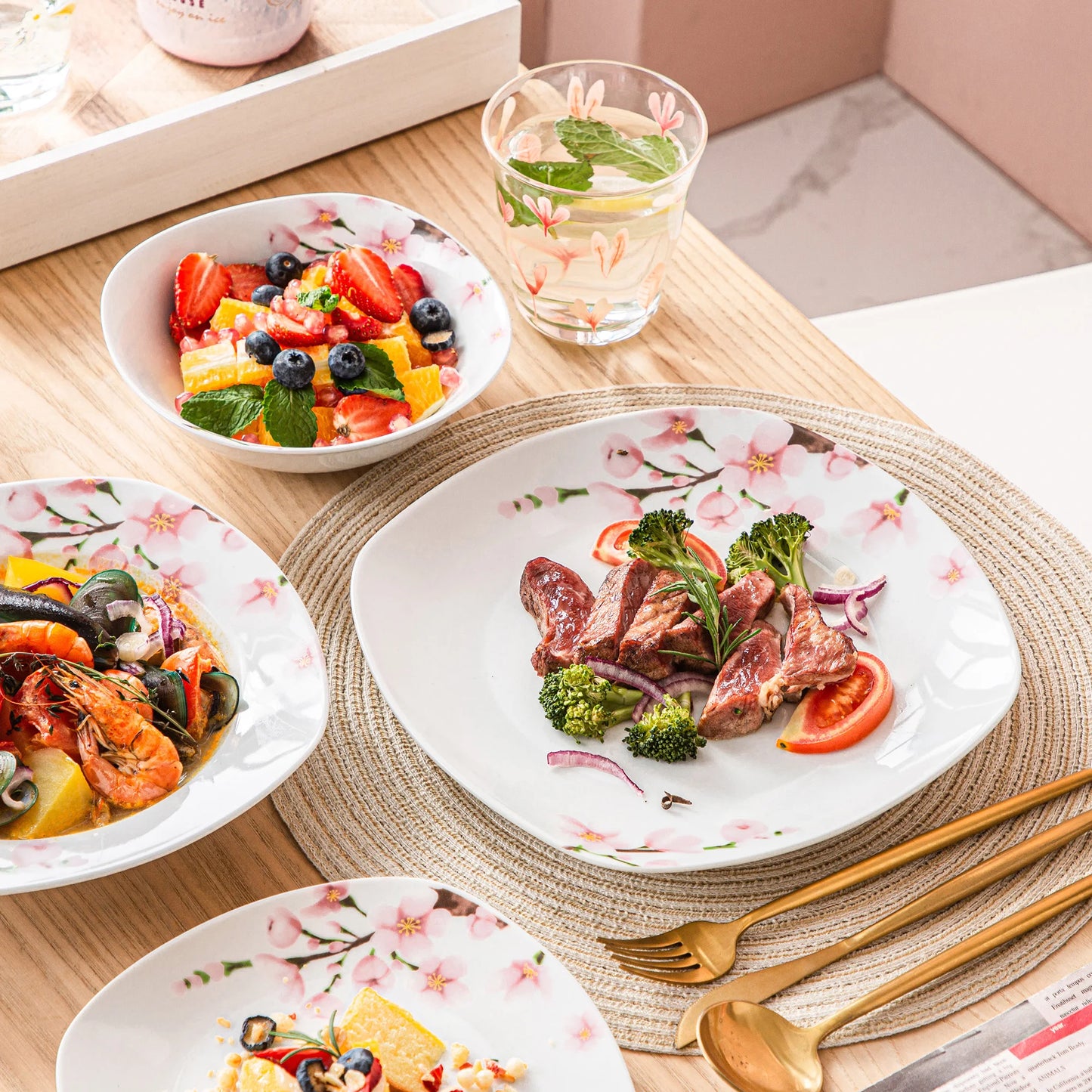 48-Piece Porcelain Ceramic Tableware Dinner Plate Set with Bowl, Dessert Plate, Soup Plate, Dinner Plate for 12 Person.