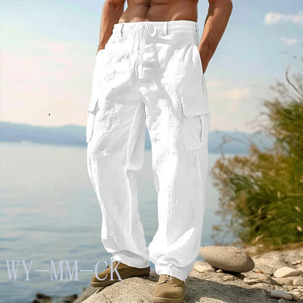 American Men Cotton And Linen Trousers, Multi-pocket Work Pants Loose Sportswear And Casual Trousers.
