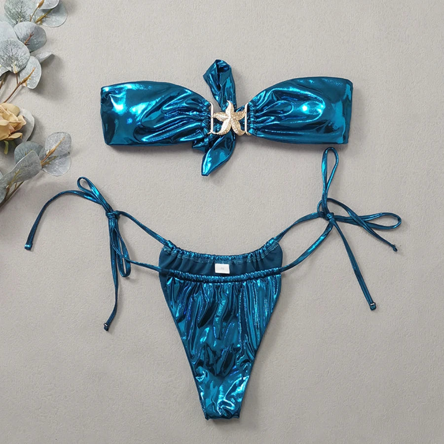 Gem Blue Glossy Bikini , Summer Beach Vacation Outfits, Thong Bathing Suit.