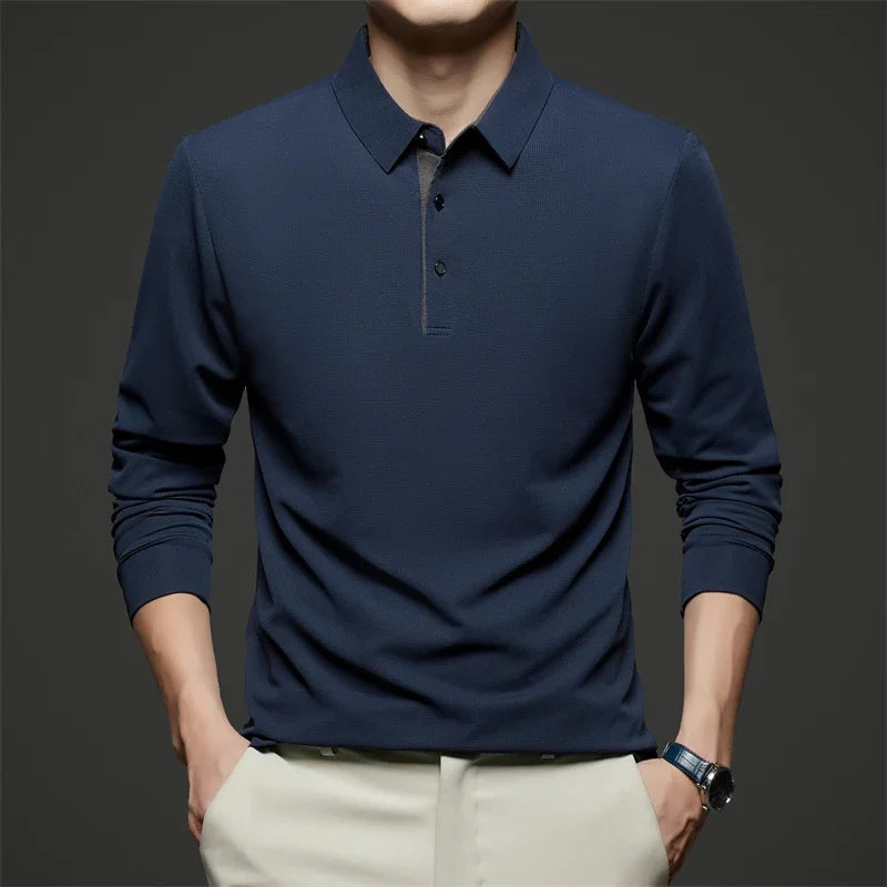 New Men Business Casual Long Sleeve Solid Color Polo Shirt, Fashionable Warm Comfortable Four Seasons.