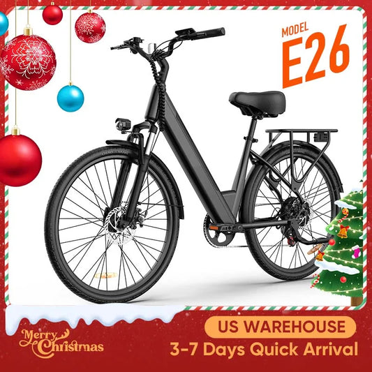 750W E26 Electric Bike 26x2" Commuter 48V 10.4Ah Removable Battery, 20MPH Speed 7-Speeds LCD Display.