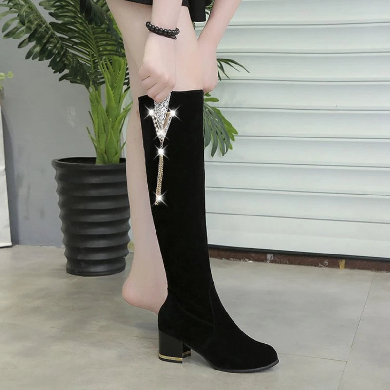 Women Side Zipper Long Boots Thick Heels.