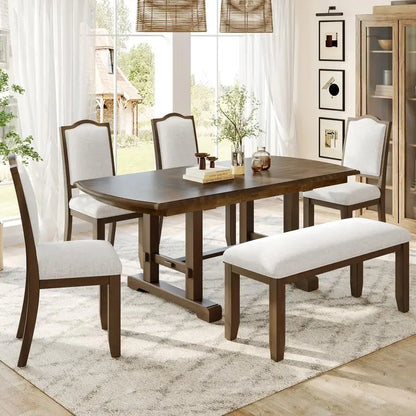 6-Piece Dining Set, Extendable 60-78 inch Wooden Table with Leaf, 4 Upholstered Chairs & Bench
