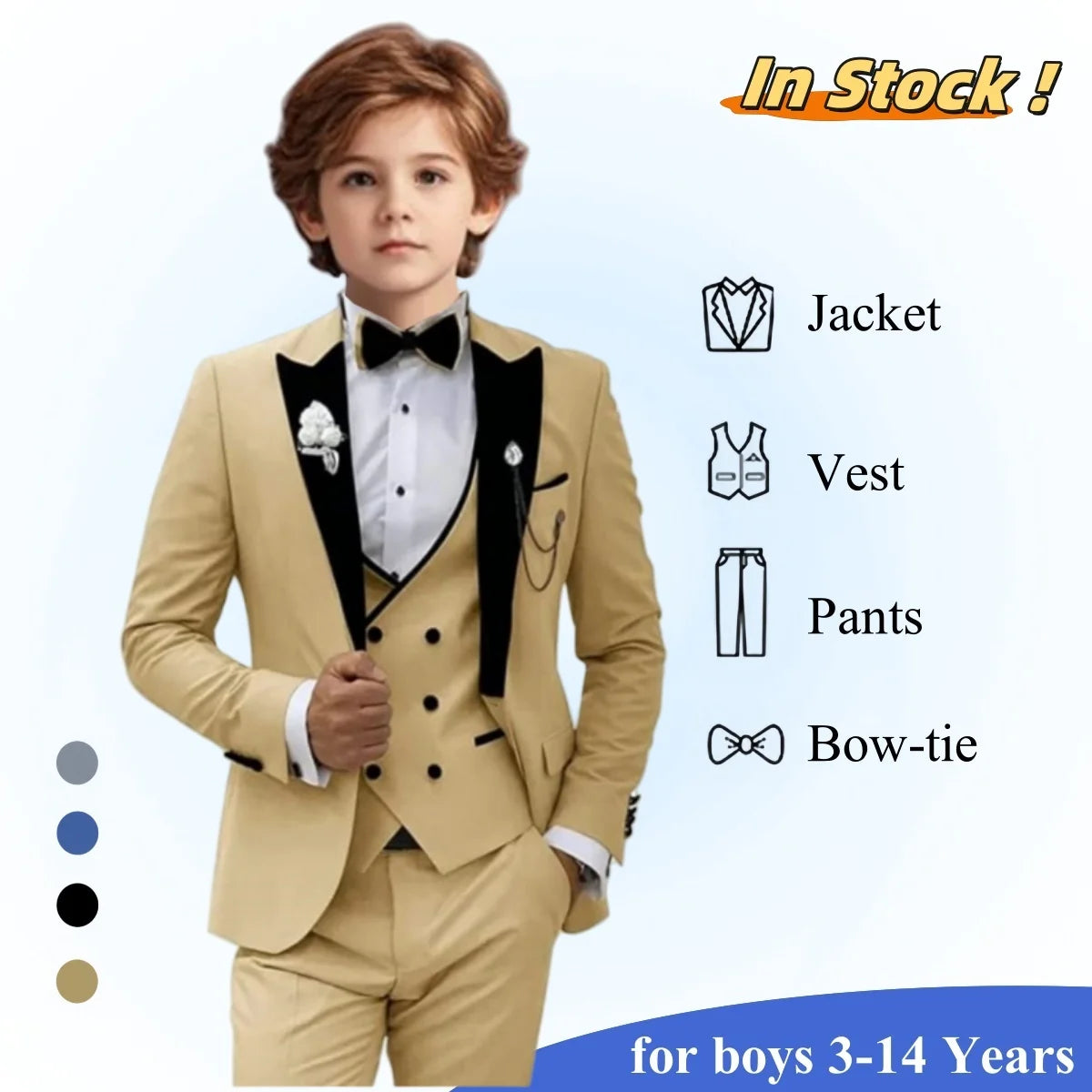 2025 New Kids Suit Set, 4 Pieces Formal  Suits for Boys, Jacket, Vest, Pants, Bowtie Velvet Collar.