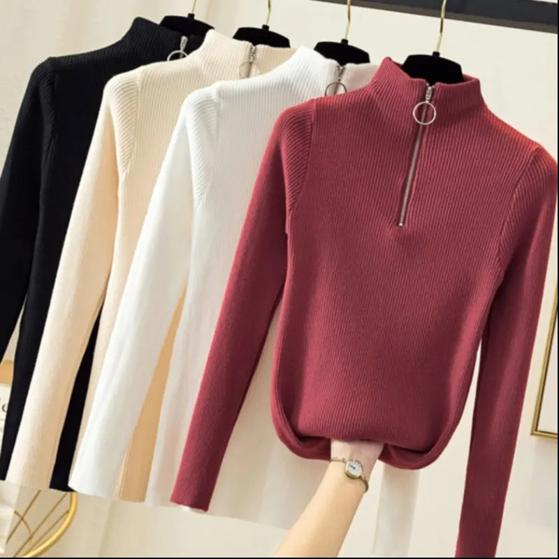 Knitted Women Zipper Half High Neck Sweater Solid Knitwear.