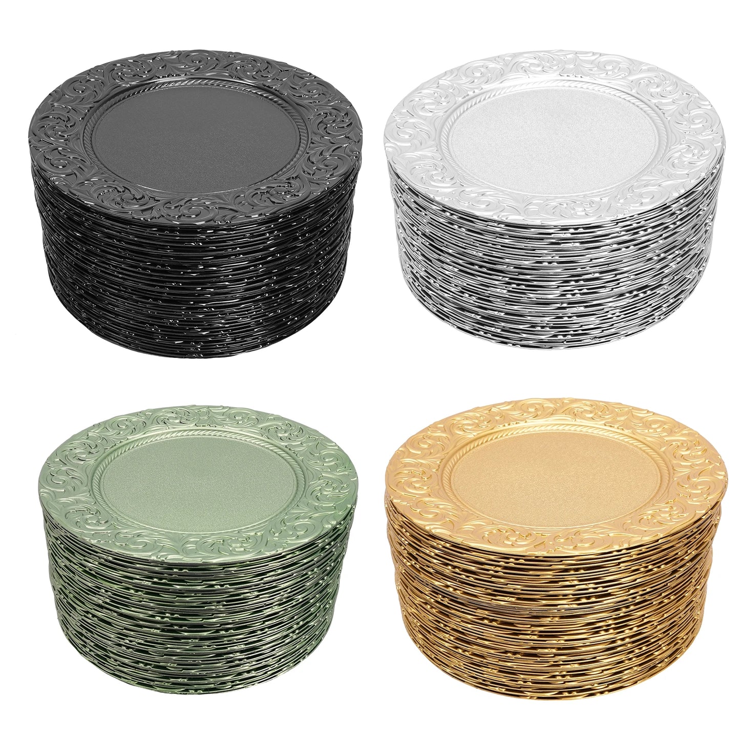 Plates 100-Piece Set Round Reusable Serving Plates, Gold, Black, Silver, Green