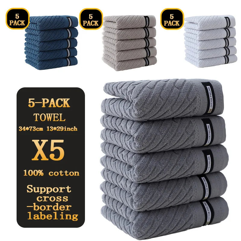 5-Pack Cotton Towel Set, Highly Absorbent, Skin-Friendly  Bathroom, Face Washing, Bathing and Traveling