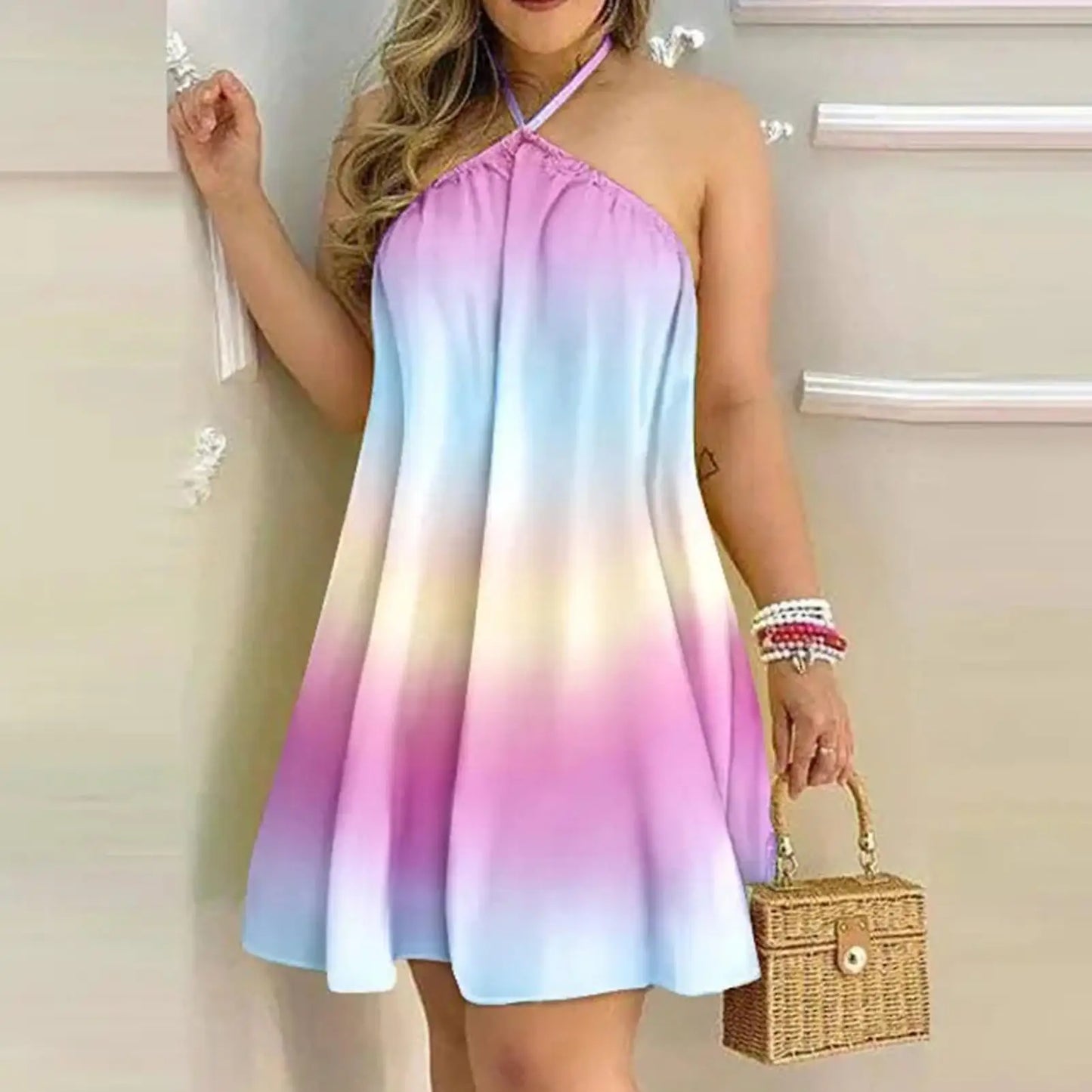 Plus Size Dresses For Woman Sexy Sleeveless Backless Short Mini Dress Halter Neck Print Beach Sundress.