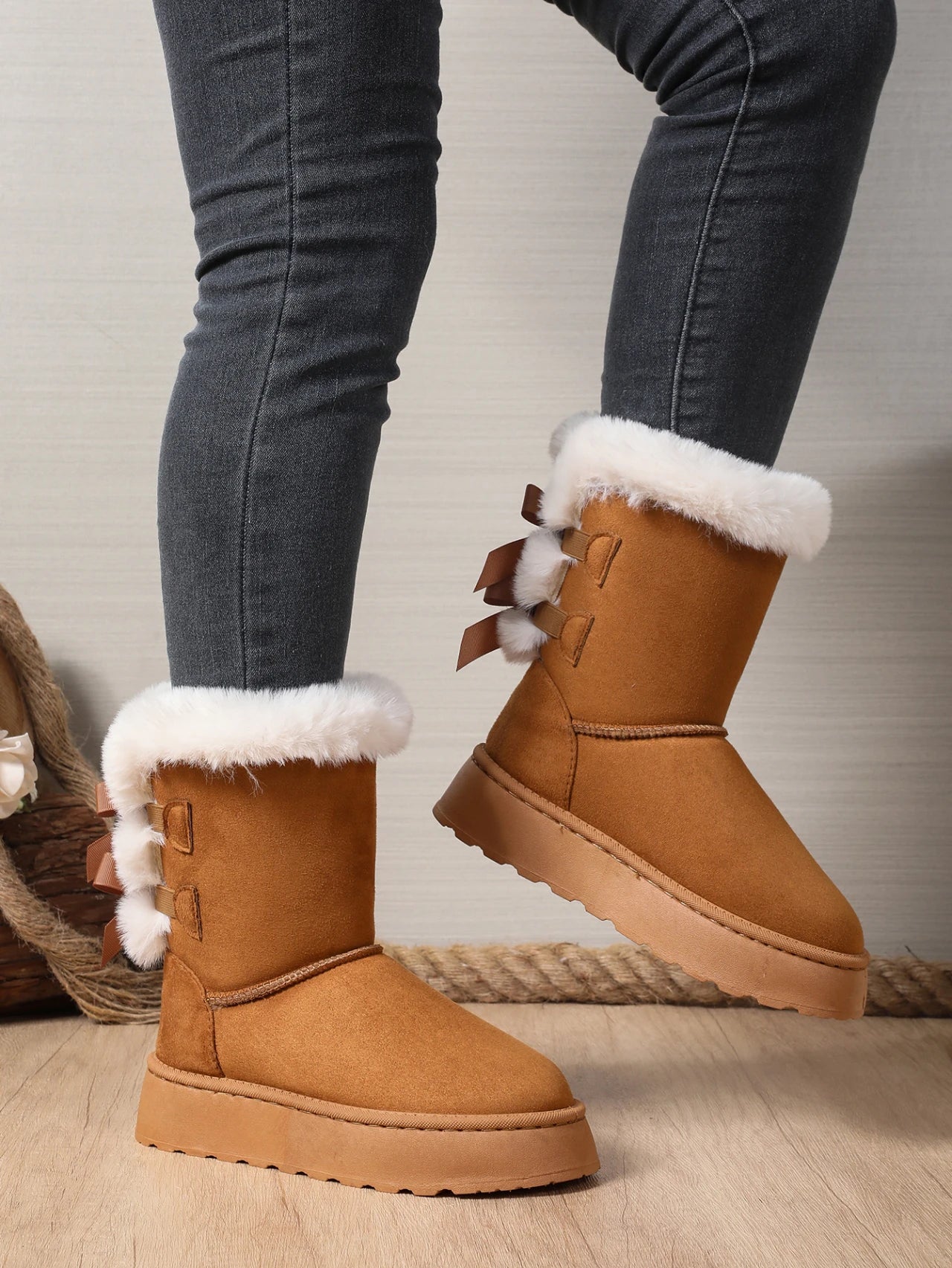 Bow Round Toe Elegant  Flat Wear-resistant Warm Women's Shoes