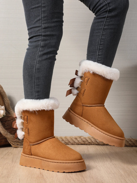 Bow Round Toe Elegant  Flat Wear-resistant Warm Women's Shoes
