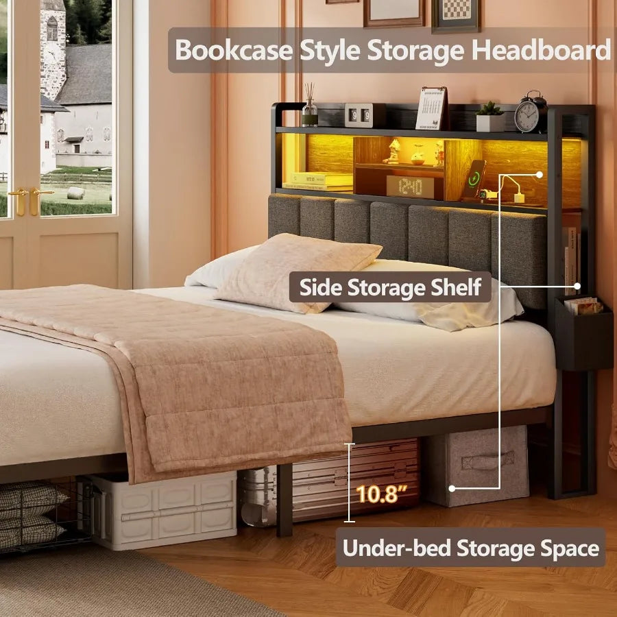 Full Size Bed Frame with Headboard ,with Storage Drawers, Charging Station, and LED Lights.