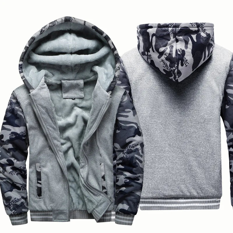 Men's Jacket Winter Camouflage Fleece Thicken Hooded Jackets, Casual Zip Up Hoodies Streetwear Coats.