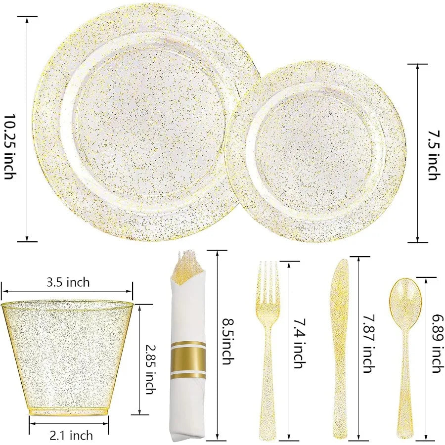112Pcs Gold Glitter Plastic Plates  Disposable 16 Dessert Plates 16 Din