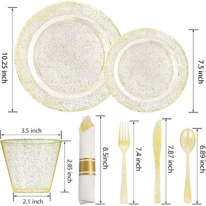 112Pcs Gold Glitter Plastic Plates  Disposable 16 Dessert Plates 16 Din