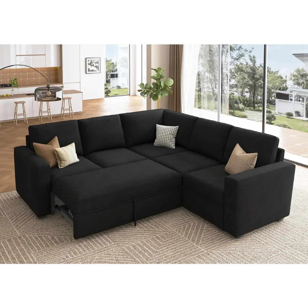 L-Shaped Sleeper Sofa with Pull Out Bed, Velvet Sectional with Storage, Black.