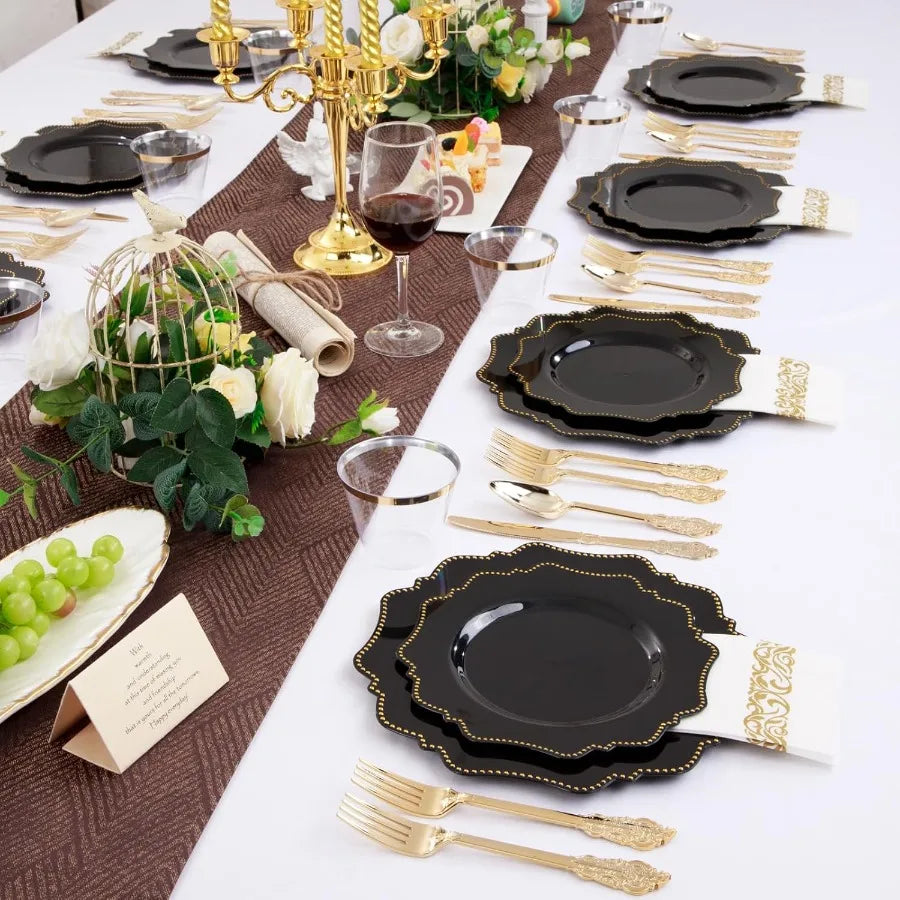 175PCS Black Dinnerware Set with Disposable Silverware for 25 Guests 50 Dinner Plates