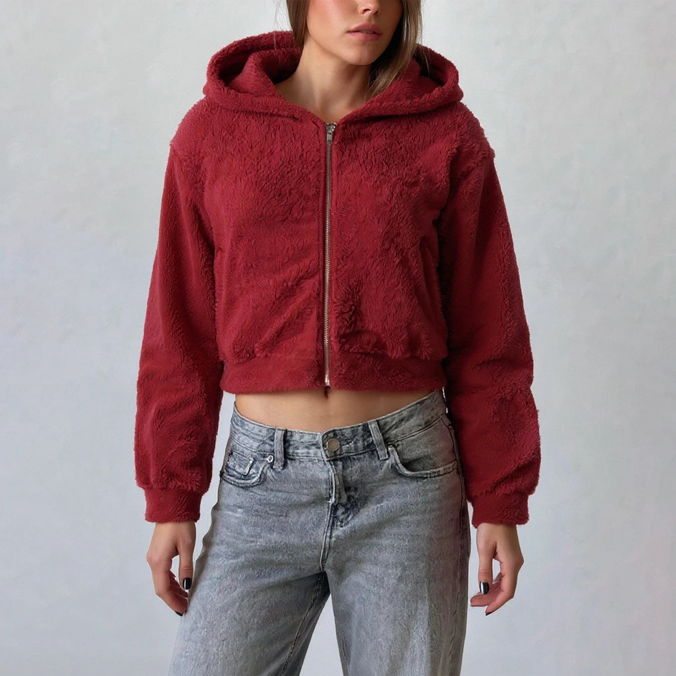 New Christmas collection Women autumn and winter red plush, hooded short coat with zipper design.