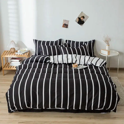 Queen Size Bedding Set, White Color, Black Plaid Microfiber, King Size Bed Linen