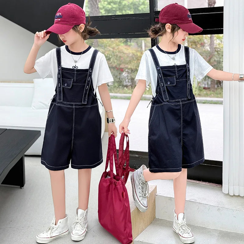 Girls Fashion Denim Overalls Medium, Big Children's Casual Loose Denim